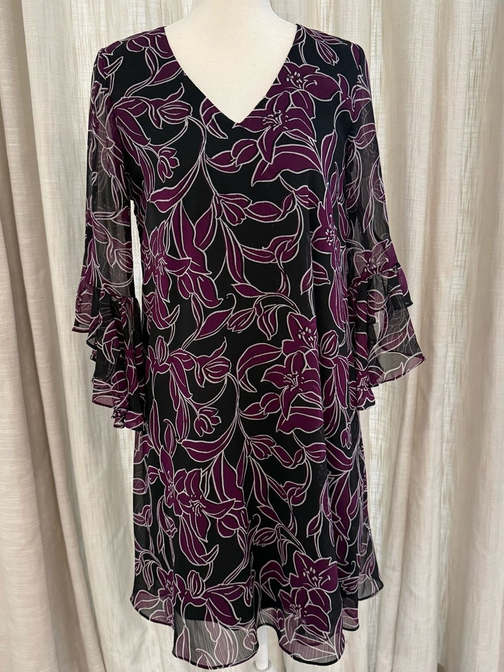 Calvin Klein Black Dress with Plum Floral Print and Ruffle Sleeves